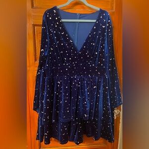 Velvet V Neck Star & Moon Pattern Bell Sleeve Romper